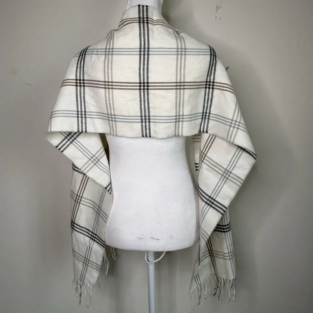 100% Cashmere Scotland Made Ivory Plaid Check Fringe Scarf Quiet Luxury Cozygirl